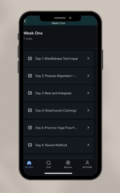 The Alignment Online week one screen on a phone, listing the daily practices